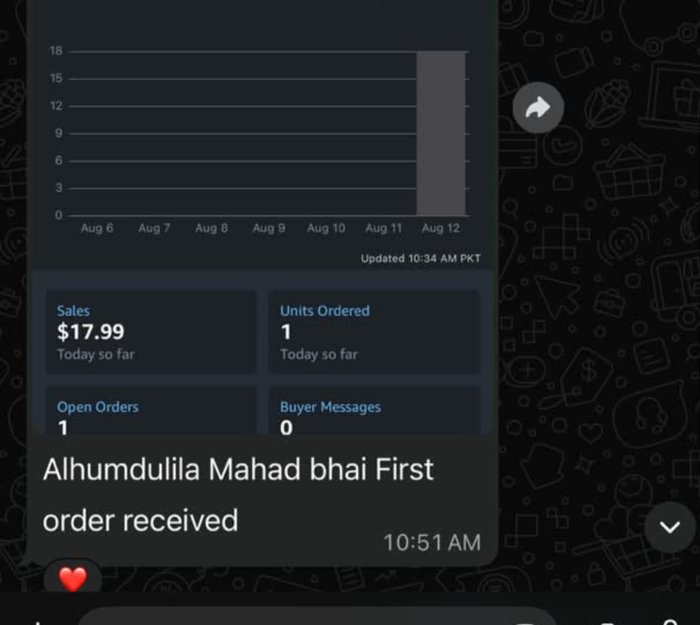 Student WhatsApp message to Mahad about their first order received