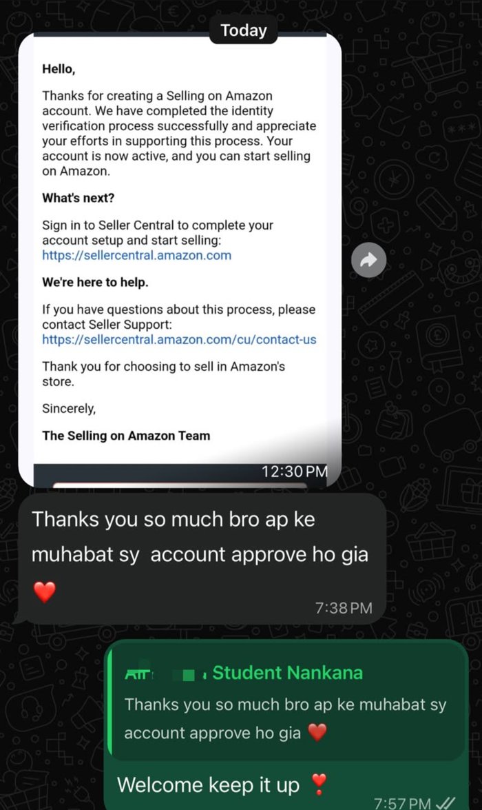 Amazon account approval email and student WhatsApp message thanking Mahad for his guidance