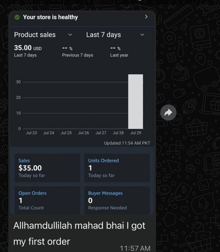 Student WhatsApp message and dashboard screenshot announcing their first order