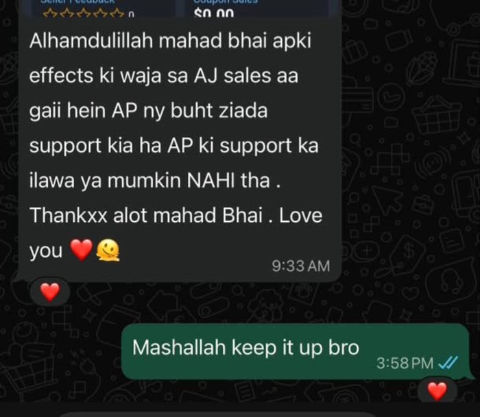 Student WhatsApp message thanking Mahad for his support after sales came in