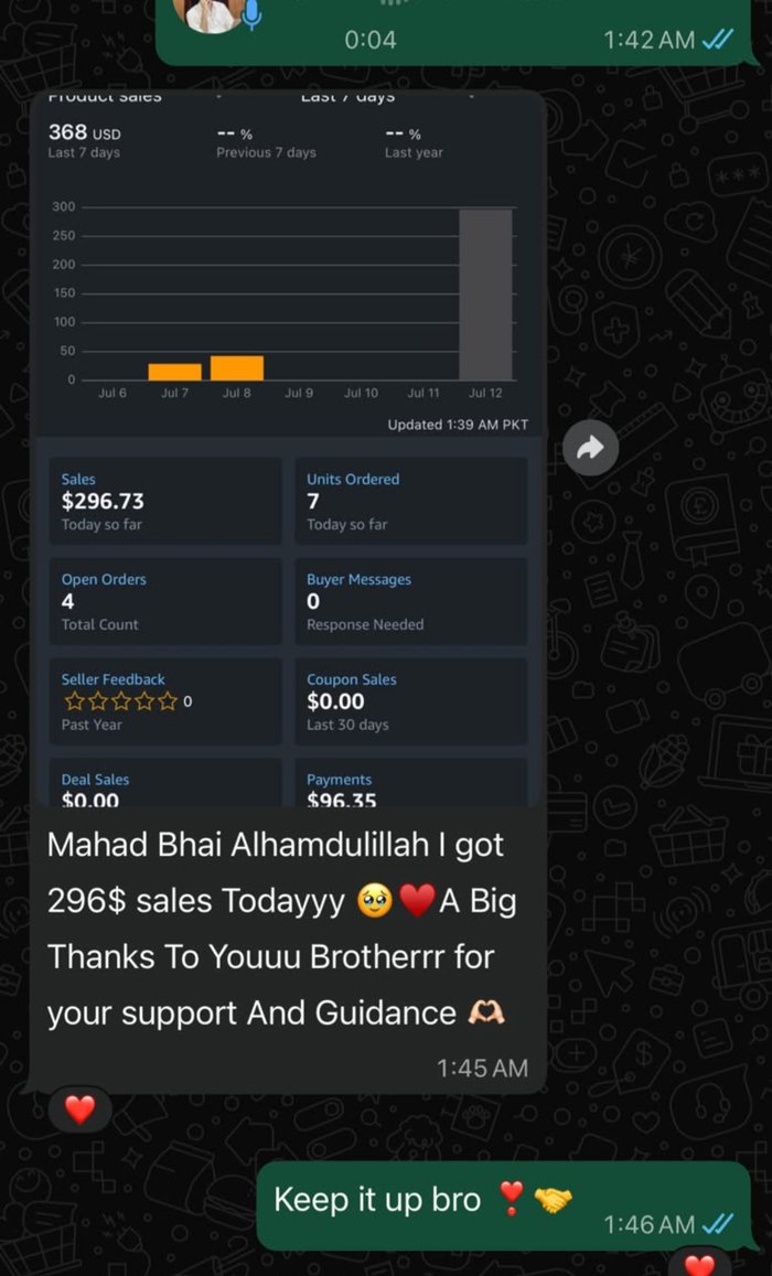 Student WhatsApp message showing $296 in sales for the day, thanking Mahad for his support