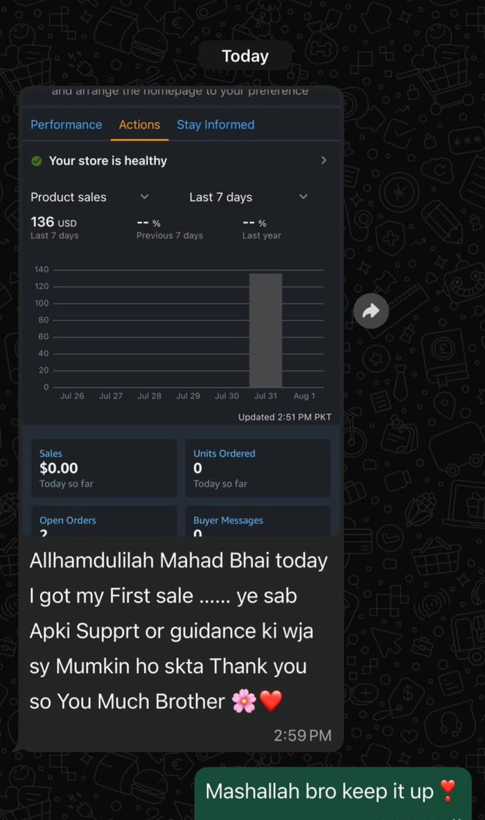 Student WhatsApp message announcing their first sale, thanking Mahad for his support and guidance