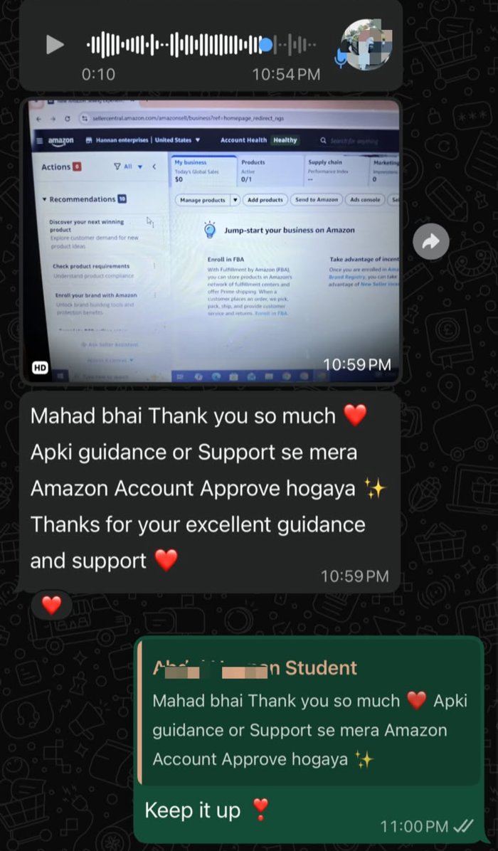Student WhatsApp message and Amazon Seller Central screenshot after their Amazon account got approved