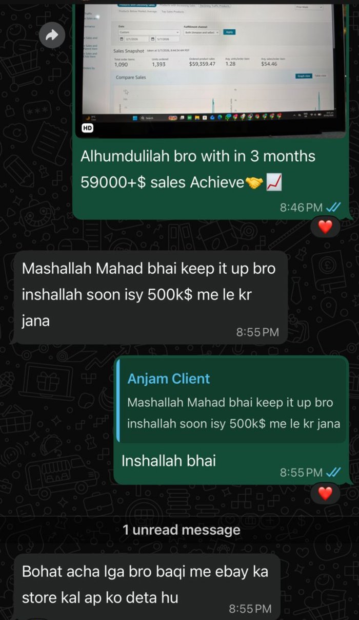 Student WhatsApp message and sales screenshot showing over $59,000 in sales achieved within 3 months